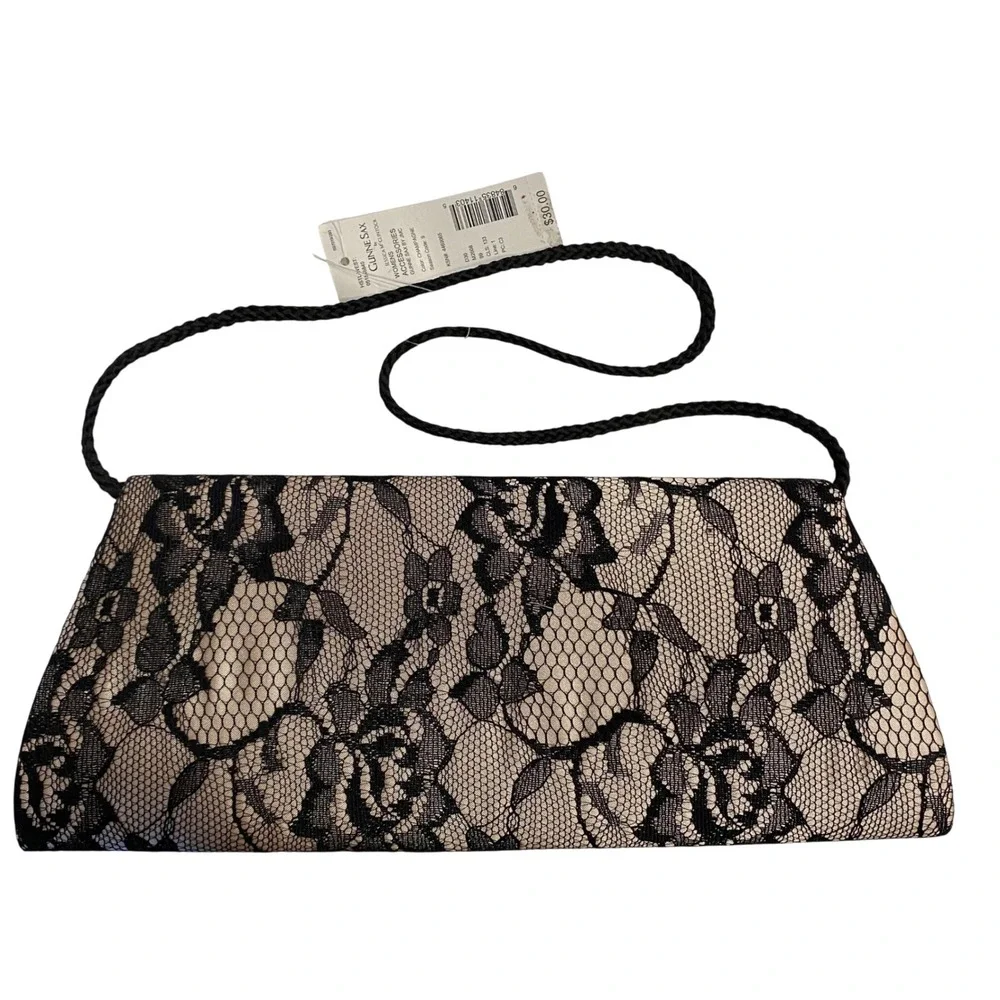 Gunne Sax Jessica McClintock Black Lace Champagne Satin Evening Clutch Bag NWT